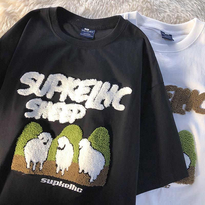 6535 cotton summer loose round neck top new short-sleeved t-shirt female towel embroidery