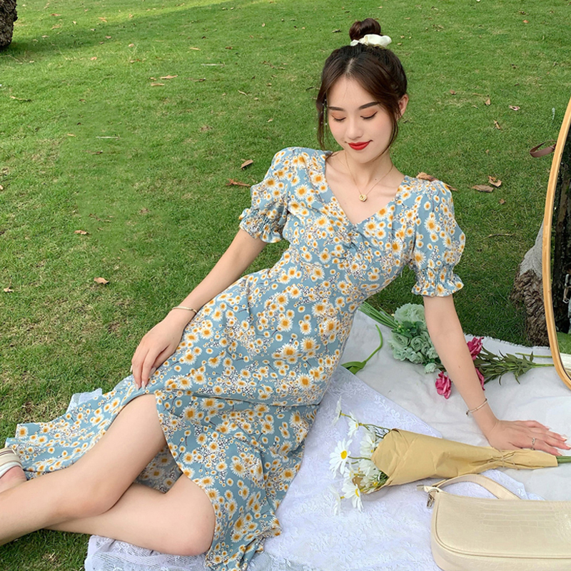 First Love Split Slim Slim Floral Daisy Puff Sleeve Dress Summer