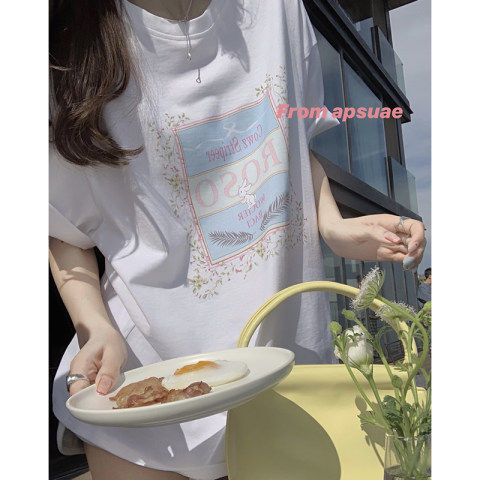 Official picture# Printed short-sleeved t-shirt women's summer loose gentle wind bottoming shirt round neck white top
