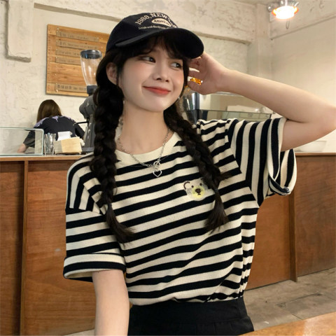 Official image net price new short-sleeved t-shirt women embroidery stripes