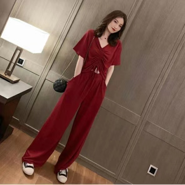 Sports suit women's summer new V-neck short-sleeved wide-leg pants two-piece set Korean version loose ladies casual wear fashion
