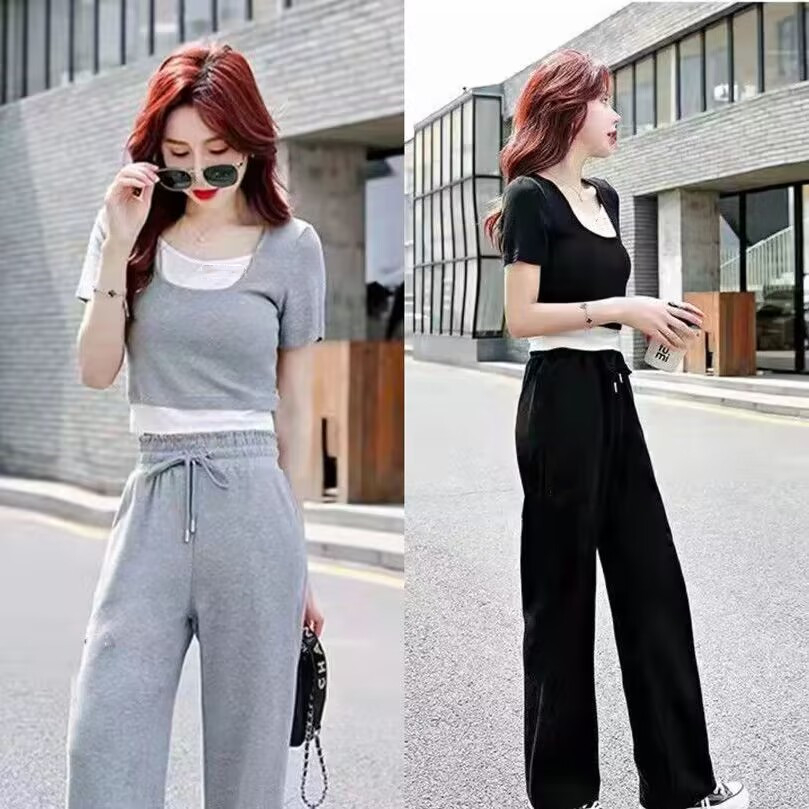 Short fake two-piece top summer new lazy salt style wear net fried street straight casual pants suit two-piece set