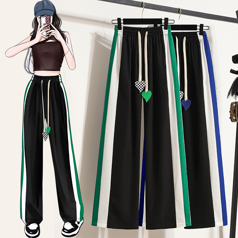 Plus-size women's summer fried street side stripes hit color casual wide-leg pants fat sister straight loose and thin mopping pants