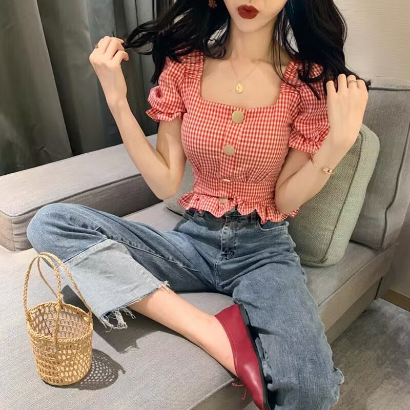 Summer new slim-fit wooden ear plaid shirt top short short-sleeved careful machine open-back shirt women's clothing
