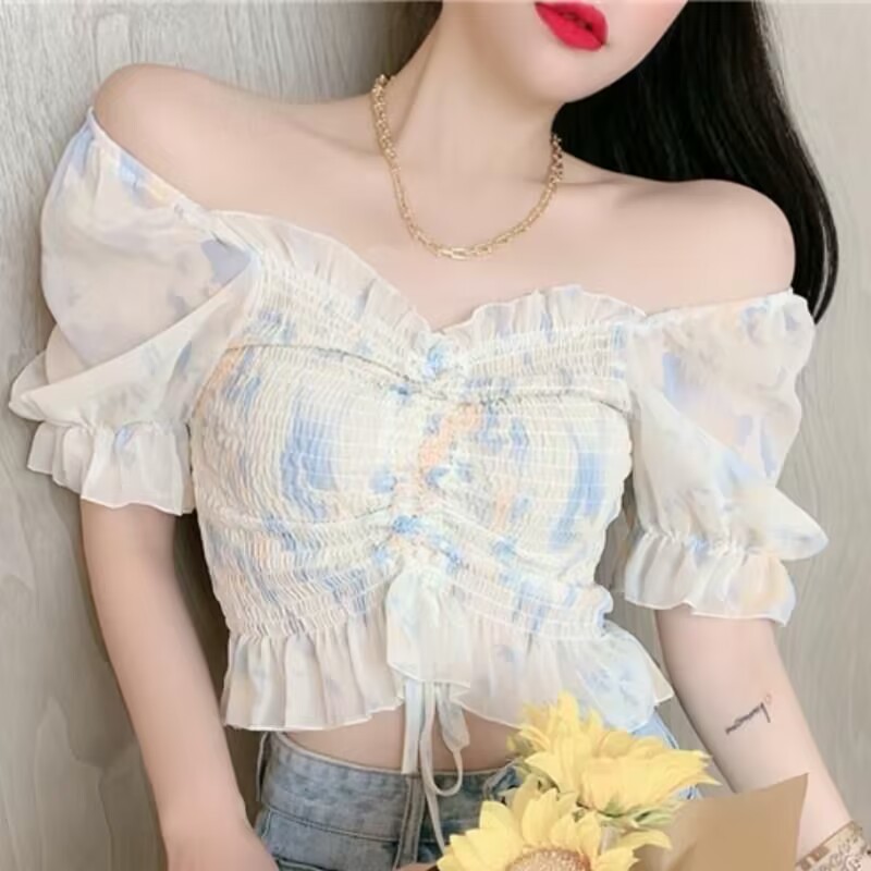Summer Korean version of ruffled chiffon shirt sweet small puff sleeves drawstring tie top women's fashion