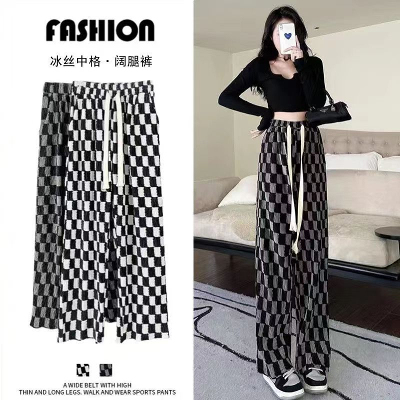 Tie-dye checkerboard wide-leg pants women's thin loose-fitting pleated straight-leg casual pants look thin and drape ice silk mopping pants