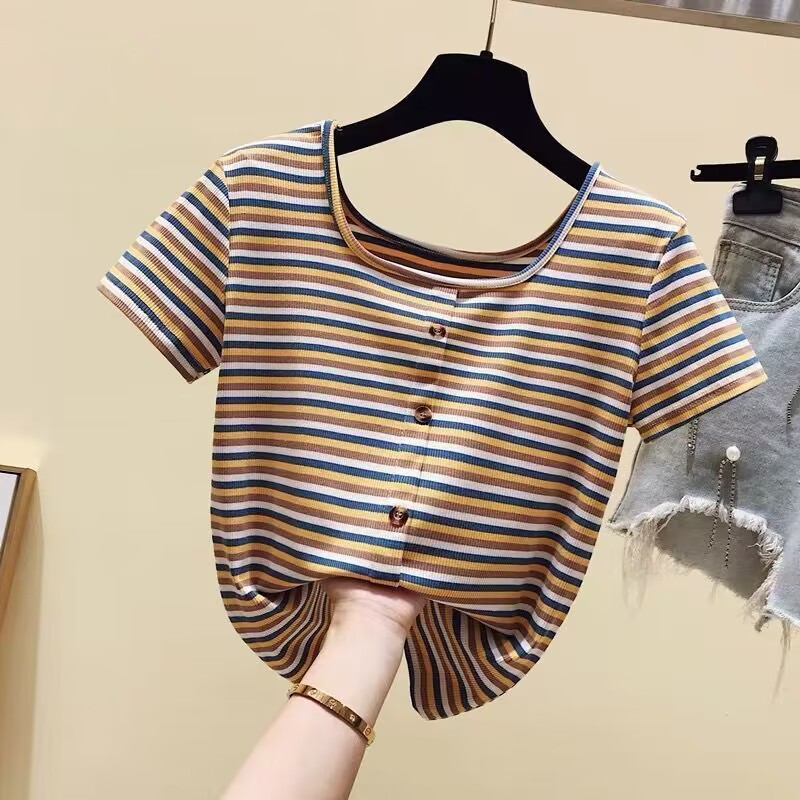 Summer striped T-shirt women's short-sleeved square collar slim-fit short Korean version of the wild net red ins super hot top