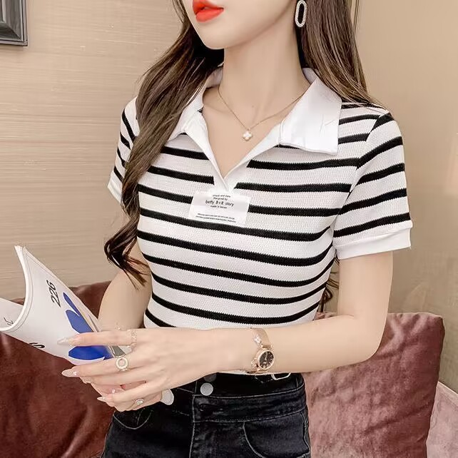 Short-sleeved shoulder t-shirt women's summer French niche polo shirt slim fit unique chic striped short top