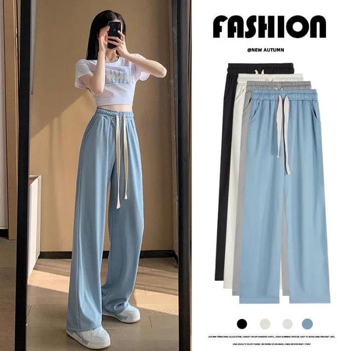 Ice Silk Wide-leg Pants Women's Pants High Waist Drape Straight Slim Black Casual Sports Summer Thin Sunscreen Trousers
