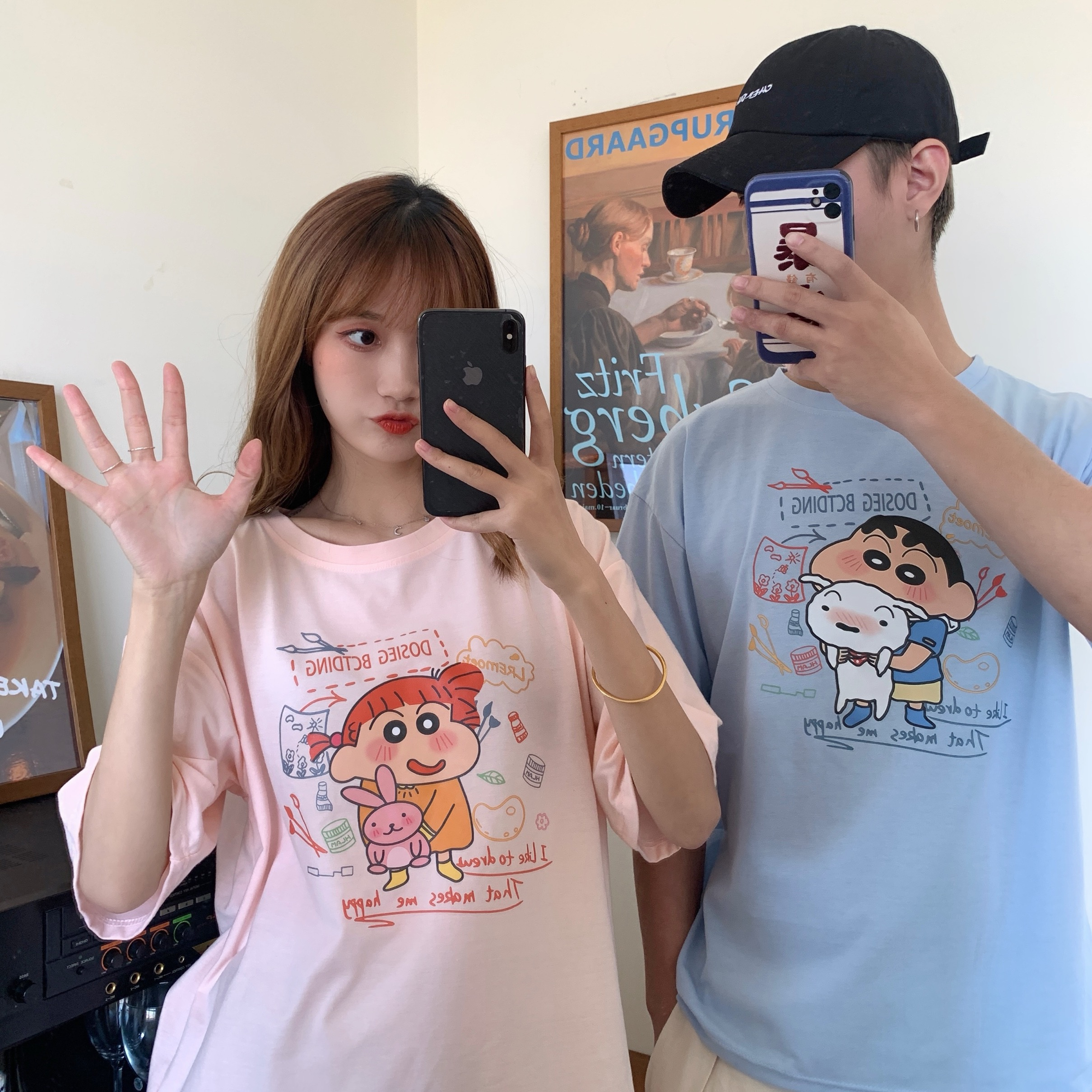 Double Ground Milk Silk Summer T-shirt Short Sleeve Student Lazy Print Medium Length T-shirt Female