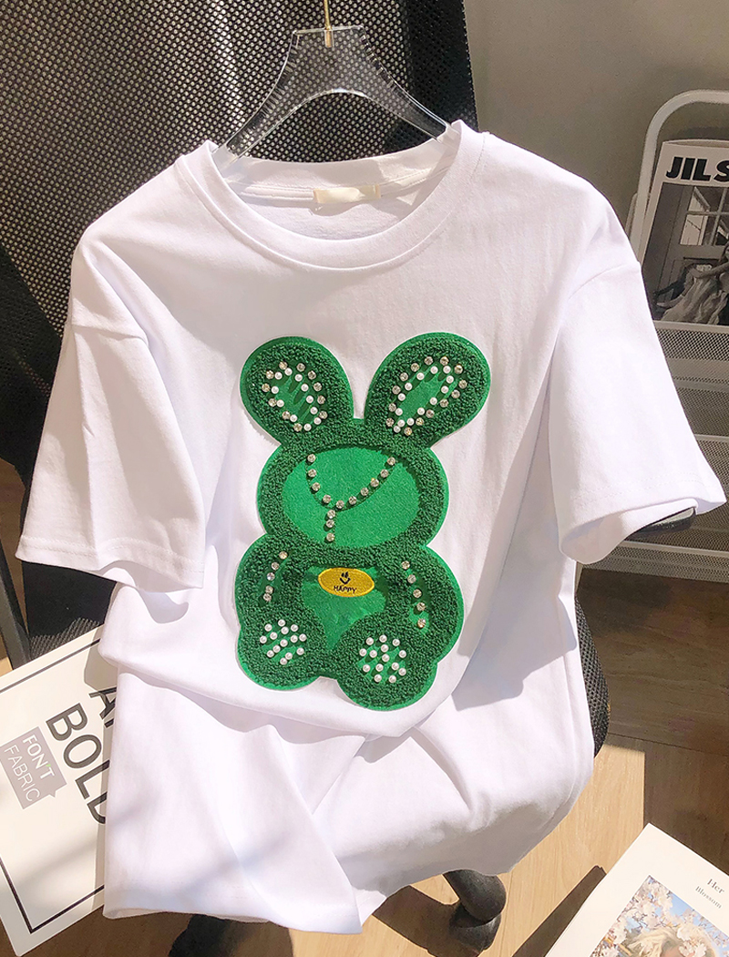 6535 cotton summer loose round neck top new short-sleeved t-shirt female heavy craft beading
