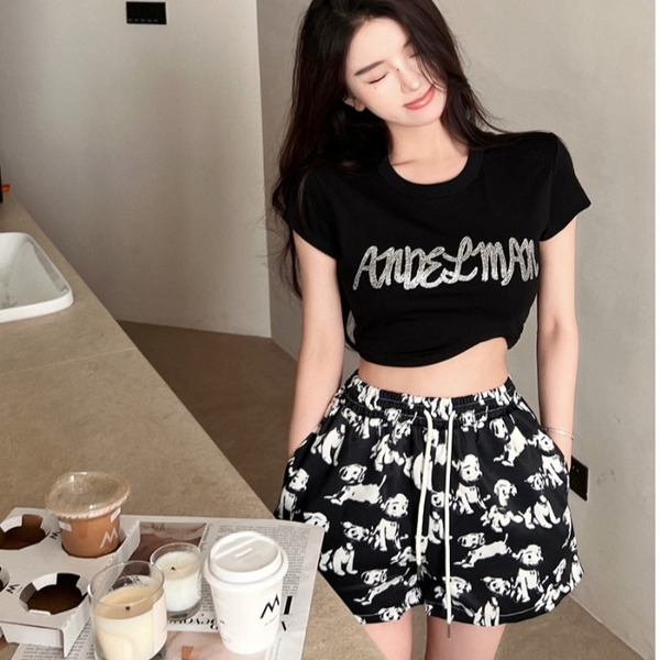 Casual shorts women's summer new puppy dog ​​print loose high waist thin wide leg pants personality hot pants