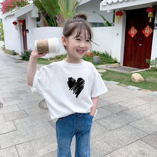 Summer new girls cotton short sleeve children's foreign-style round neck T-shirt baby Korean love coat