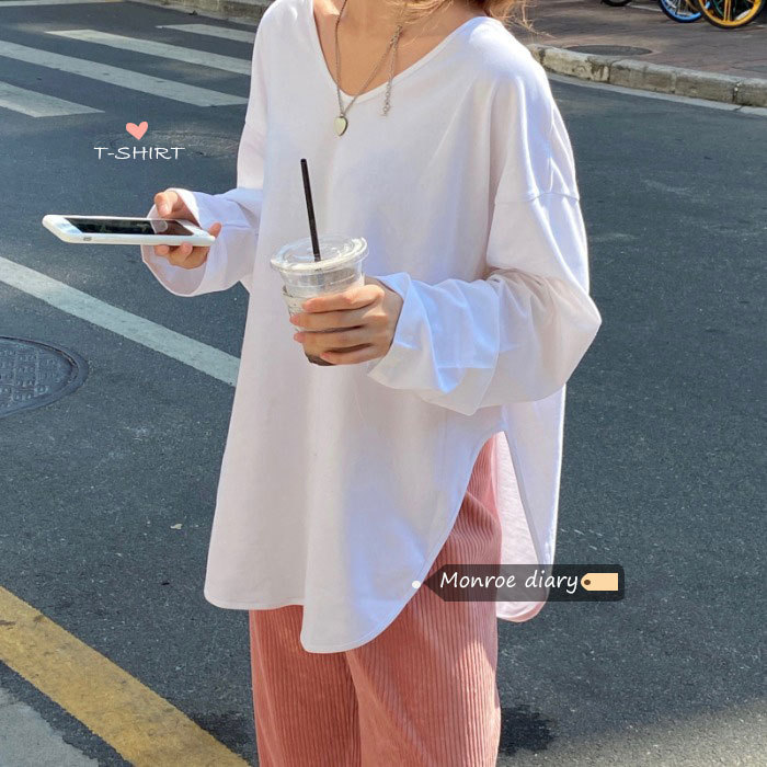 T-shirt women's autumn women's solid color long-sleeved slit student top loose inner bottoming shirt