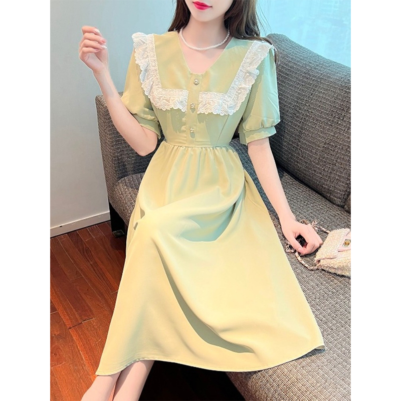 Gentle wind dress women's summer new Korean version waist temperament lace doll collar puff sleeve a-line skirt