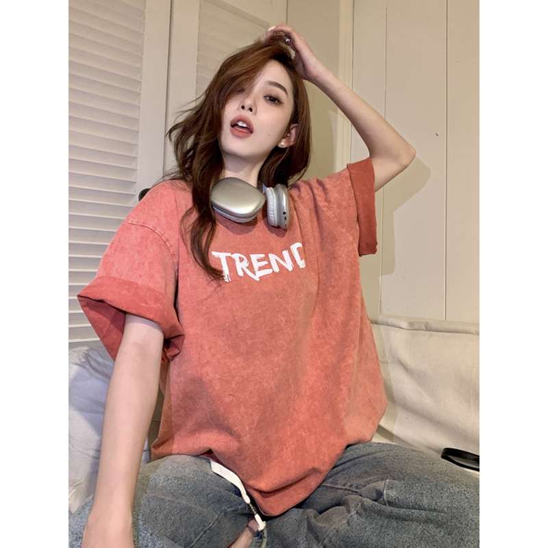 6535 pull frame cotton American retro old T-shirt female summer new short-sleeved letters
