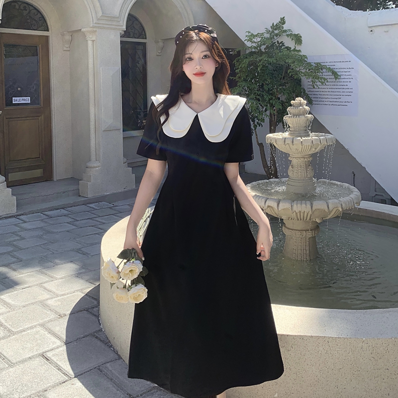 Large size French color contrast color doll collar black dress female fat sister waist slimming short-sleeved over-the-knee long skirt