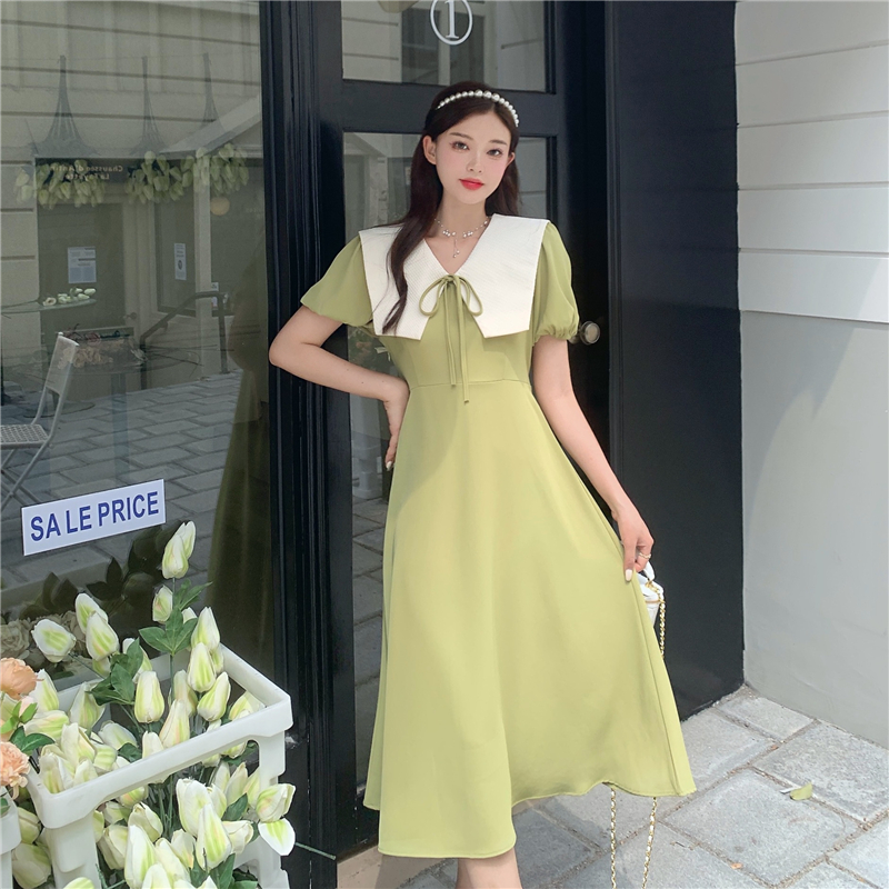 Summer new doll collar dress gentle wind long skirt fat mm large size high-quality feeling belly-covering thin skirt