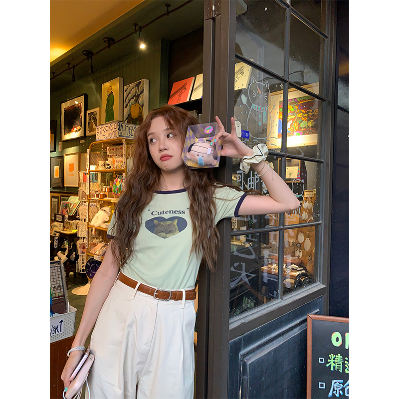 6535 pull frame cotton love cat print hit color T-shirt female new niche hot girl