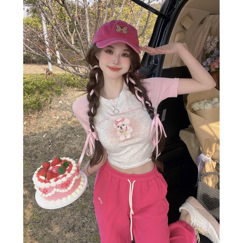 6535 pull frame cotton American retro hot girl pink raglan sleeve short-sleeved t-shirt female summer pure desire wind