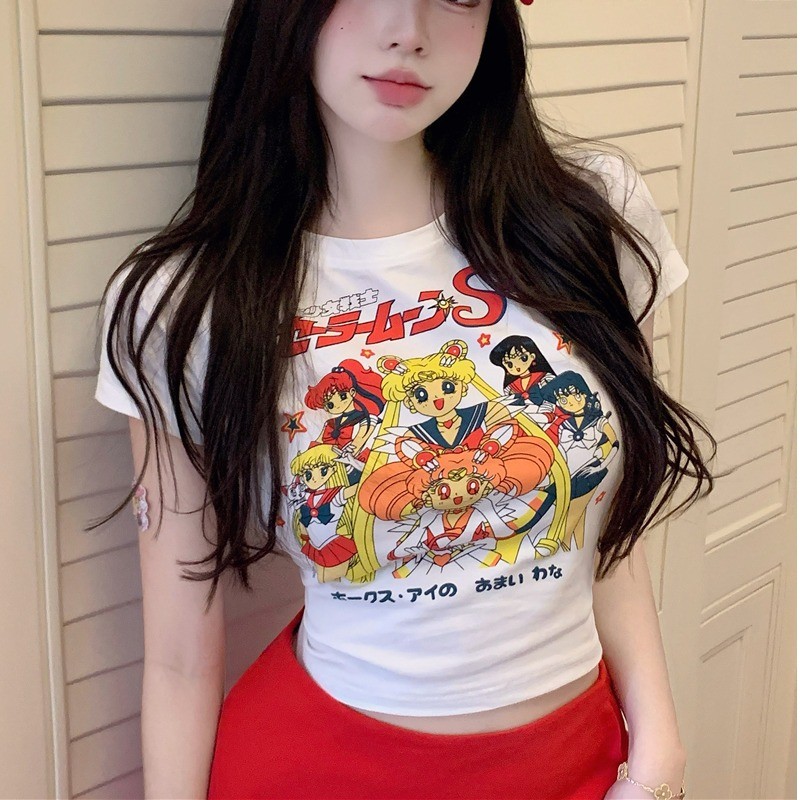 6535 pull frame cotton childlike cute girly style T-shirt women's summer pure desire sexy high waist