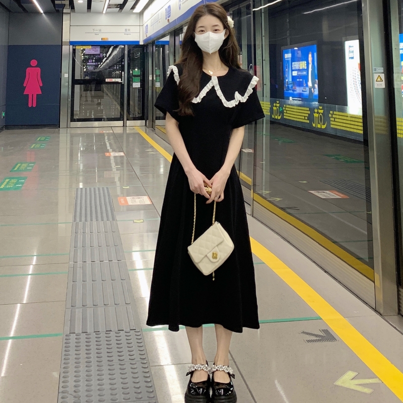 Doll collar black dress women's summer design sense niche style college style foreign style age-reducing long skirt