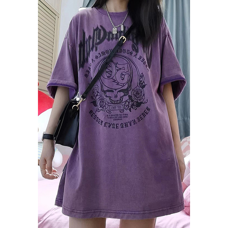 6535 pull frame cotton American T-shirt female old washed purple short-sleeved Gothic street style printing