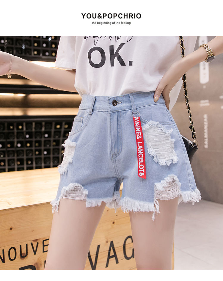 Wide-leg denim shorts women's new high waist large size fat mm loose a-line pants look thin and wear strappy hot pants