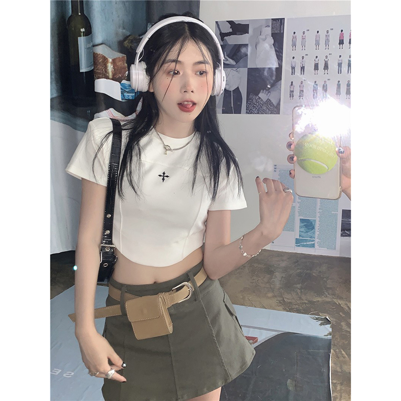 220g 6535 Puller Cotton White Slim Fit Spicy Girl Irregular Short Open Umbilical T-shirt Women's Summer