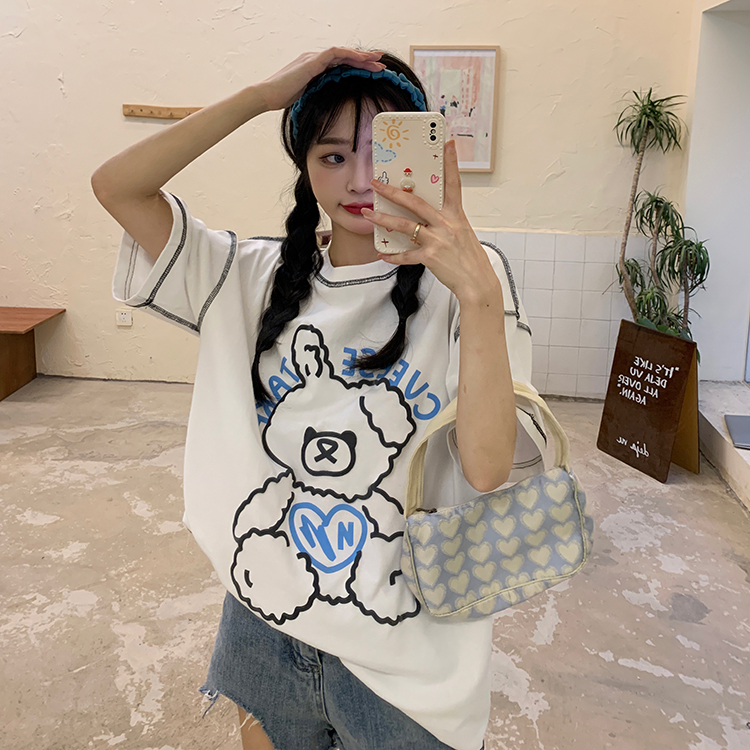 6535 cotton summer loose round neck top new short-sleeved t-shirt female foam printing