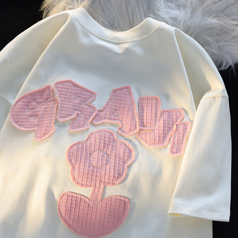200 grams of pure cotton back bag combed tightly new short-sleeved t-shirt women's patch embroidery Tmall Douyin quality