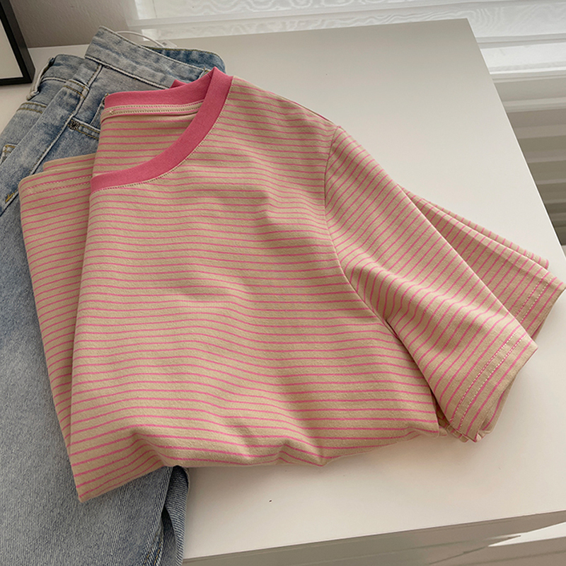 200 grams of pure cotton back bag combed tight new short-sleeved t-shirt women's stripes Tmall Douyin quality