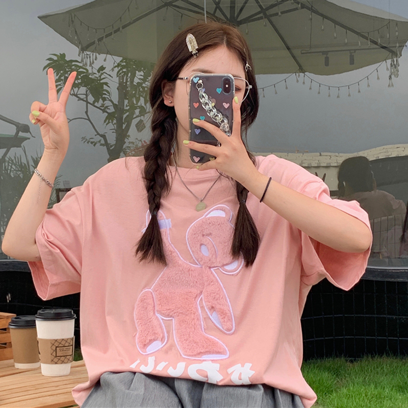 6535 cotton summer loose round neck top new short-sleeved t-shirt female foam printing + flocking