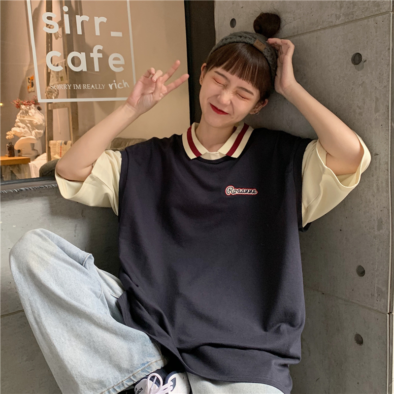Real photo 6535 cotton short-sleeved T-shirt women's POLO collar fake two pieces