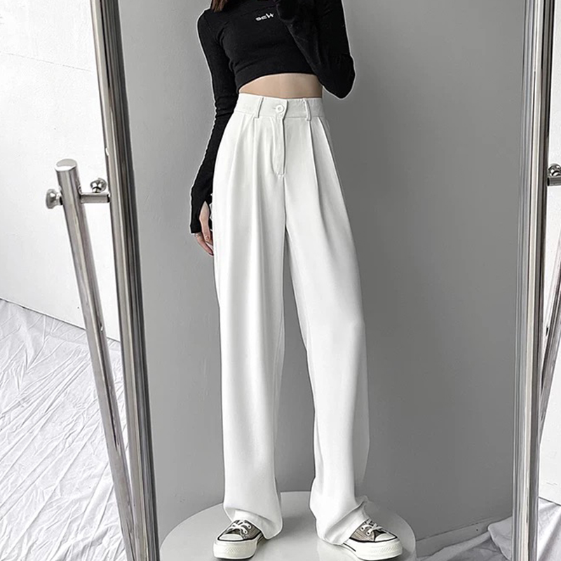 High waist suit pants women's loose straight tube shows thin spring and summer vertical feeling floor mop pants casual white wide leg pants