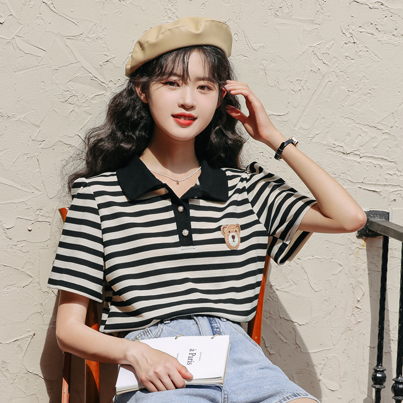 Bear embroidery striped polo shirt female ins new loose all-match short-sleeved T-shirt