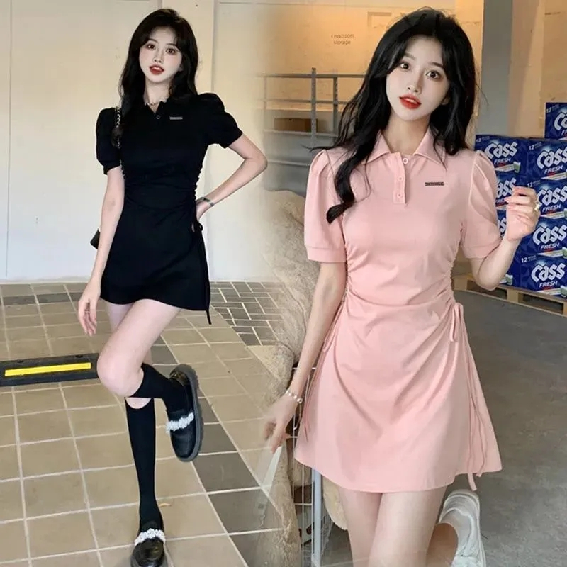 Polo neck dress for women Spring/Summer 2023 new waistband slimming and sweet spicy style short sleeved skirt