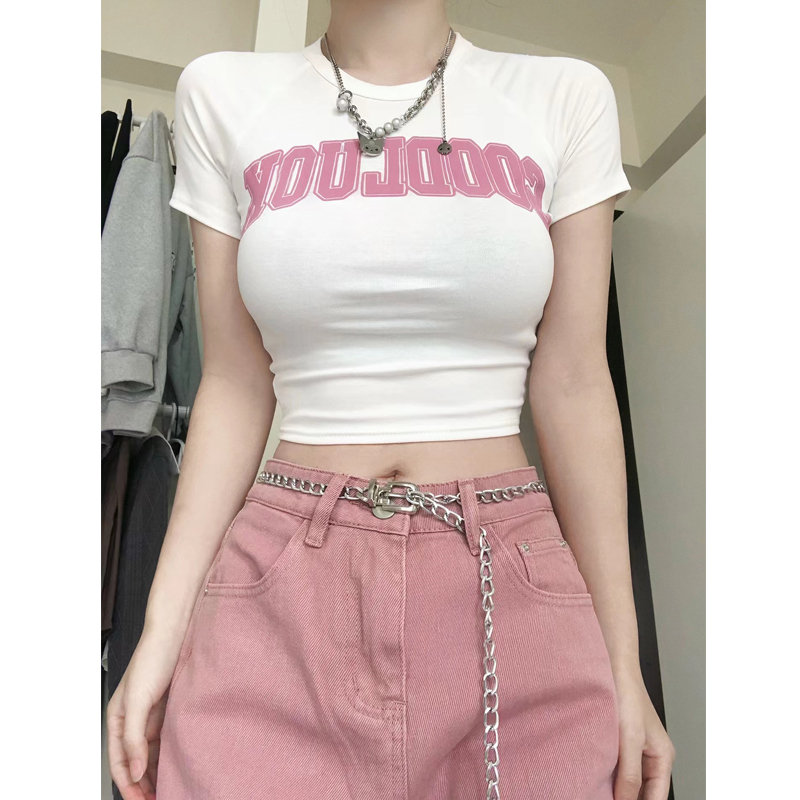 White front shoulder short-sleeved t-shirt women's summer new niche chic unique sweet hot girl slim short top