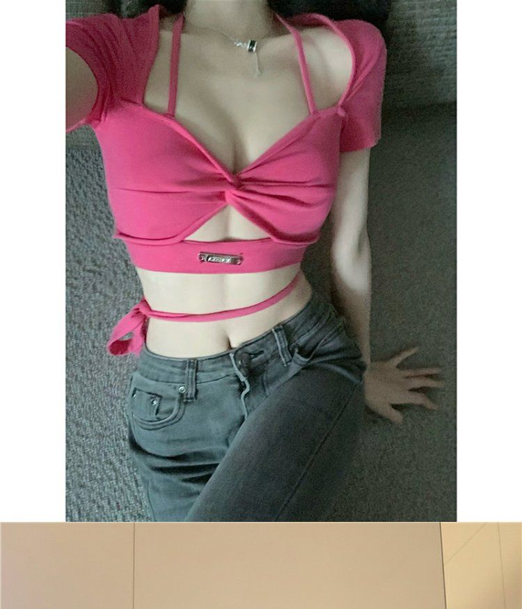 Spice Girl Knotted Tie Top Summer Short Slim Thin Solid Color T-Shirt Women's V-neck Hollow Short Sleeves