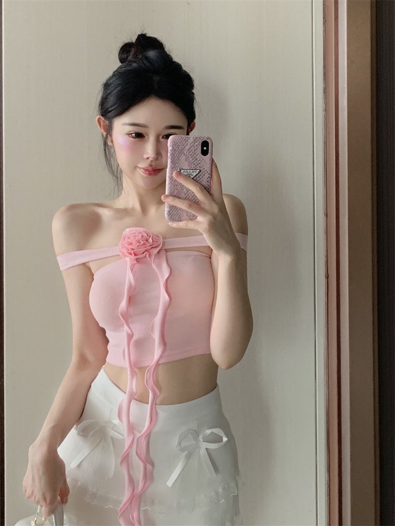 Summer pink chic hot girl style pure desire style unique design sexy ladies tube top flower top girls