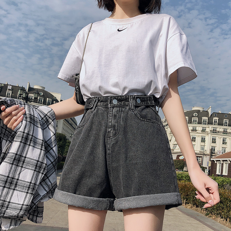 Net infrared wear thin loose 2019 summer thin high waist A-line Wide Leg Denim Shorts women's fashion Korean ins