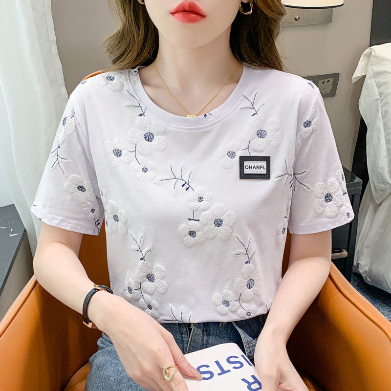 Pure cotton short-sleeved t-shirt women's white summer loose half-sleeved T-shirt (95 cotton 5 spandex)