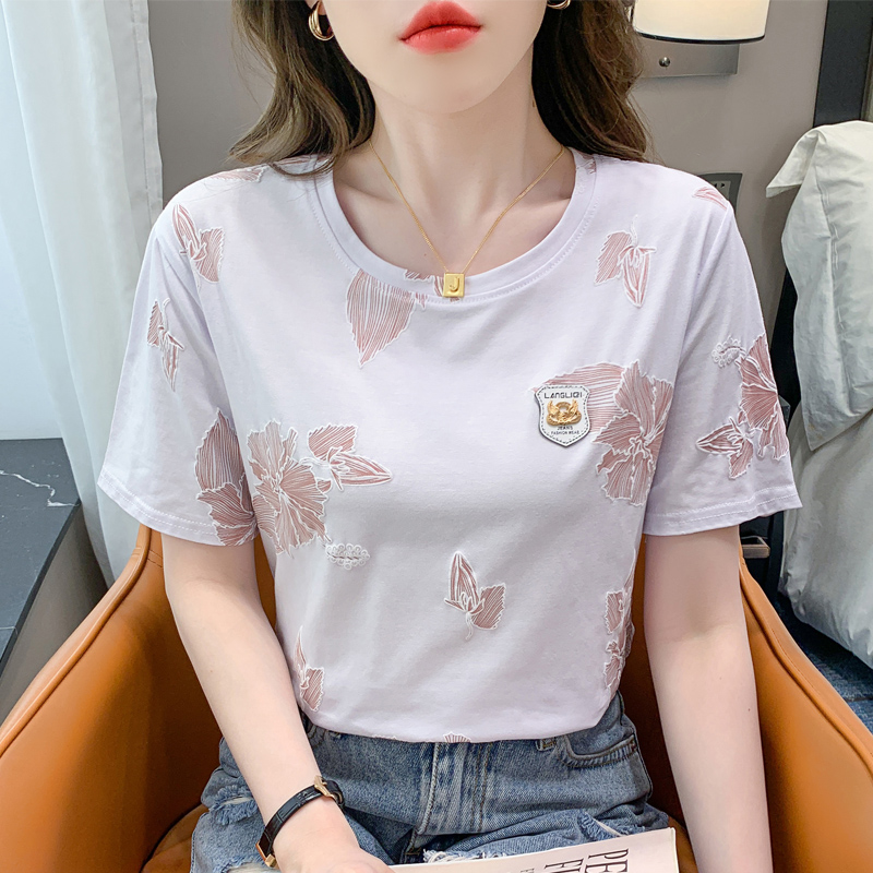 Pure cotton short-sleeved t-shirt women's white summer loose half-sleeved T-shirt (95 cotton 5 spandex)