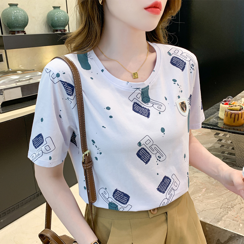 Pure cotton short-sleeved t-shirt women's white summer loose half-sleeved T-shirt (95 cotton 5 spandex)