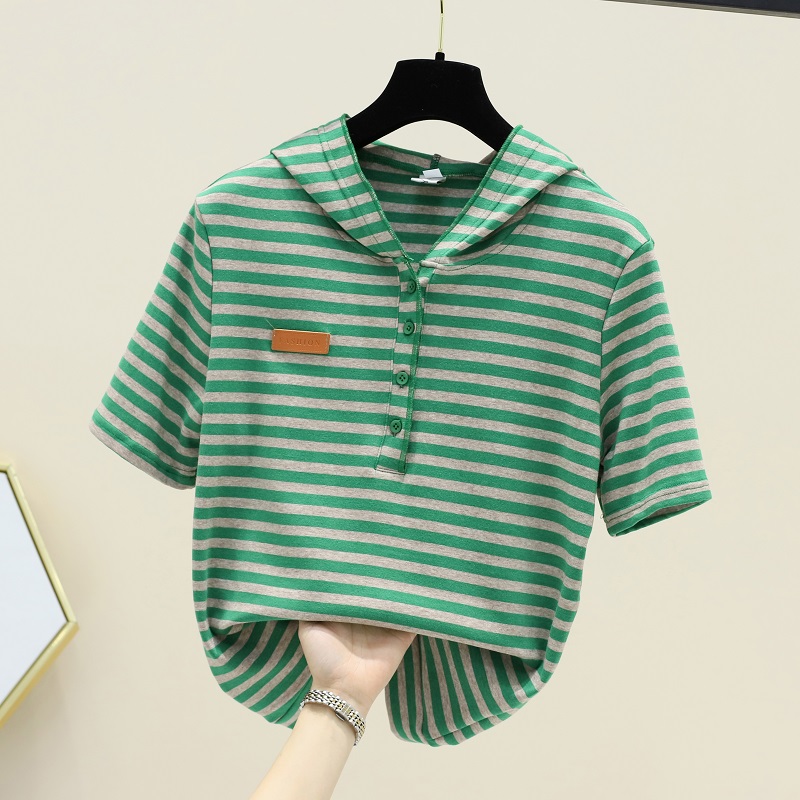 2023 summer new short-sleeved hooded t-shirt hoodie women's casual all-match slimming striped T-shirt top trendy T