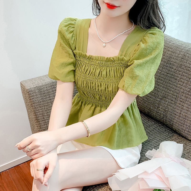 French square collar short-sleeved chiffon shirt women's summer new design sense niche short tops cover belly small shirt