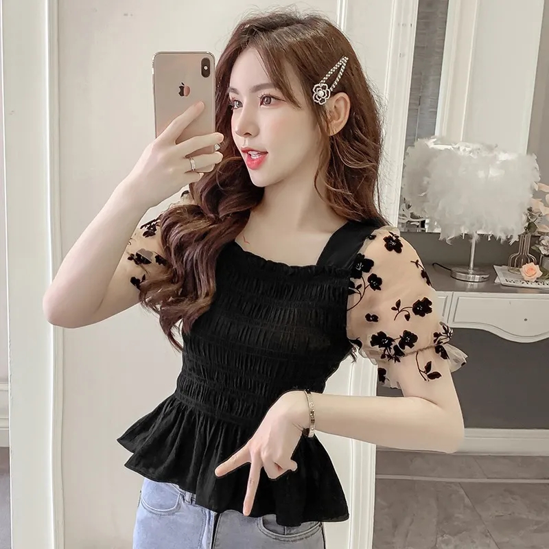Summer new mesh short-sleeved shirt fashion temperament waist waist western style square collar top slim short shirt women