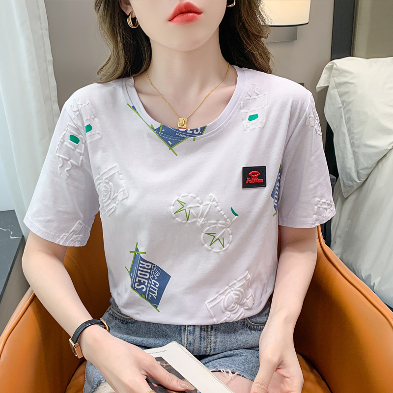 Pure cotton short-sleeved t-shirt women's white summer loose half-sleeved T-shirt (95 cotton 5 spandex)
