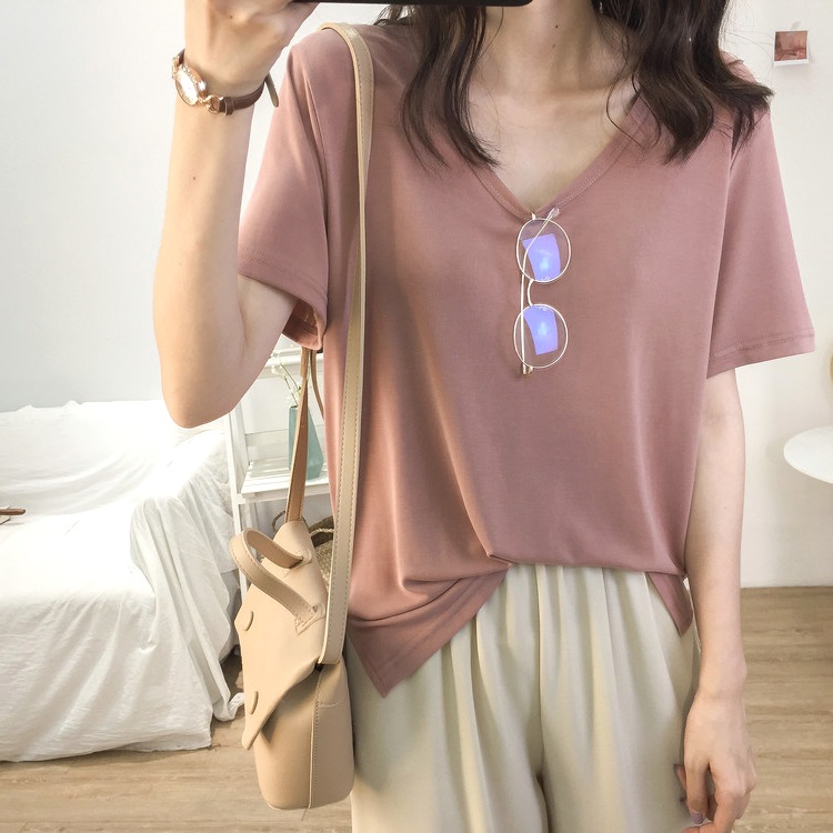 Basic slim big U-neck short sleeve T-shirt women's summer loose and versatile solid color Queen's bottoming shirt