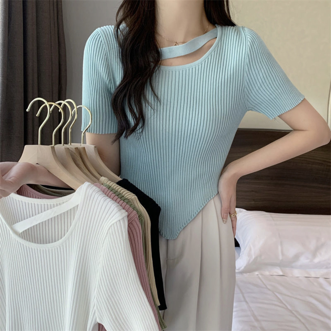 Irregular short-sleeved top women's summer new sexy babes self-cultivation all-match pure desire style T-shirt women